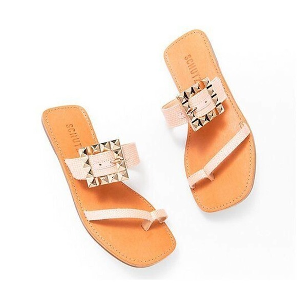 New Schutz Womens Malie Sweet Rose Leather Top Loop Slide Flat Sandals Size 10